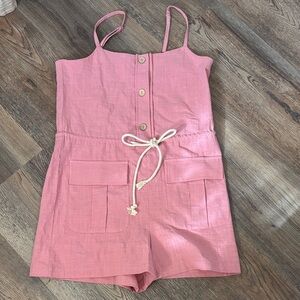 Pink linen Romper with Button Detail and. Belted waist